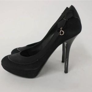 CHRISTIAN DIOR D CHARM PUMP BLACK SUEDE & SATIN PLATFORM HEEL